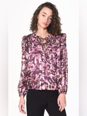 Greylin Pink and Purple Floral Tanis Tie-Front Ruffle Blouse Sz M